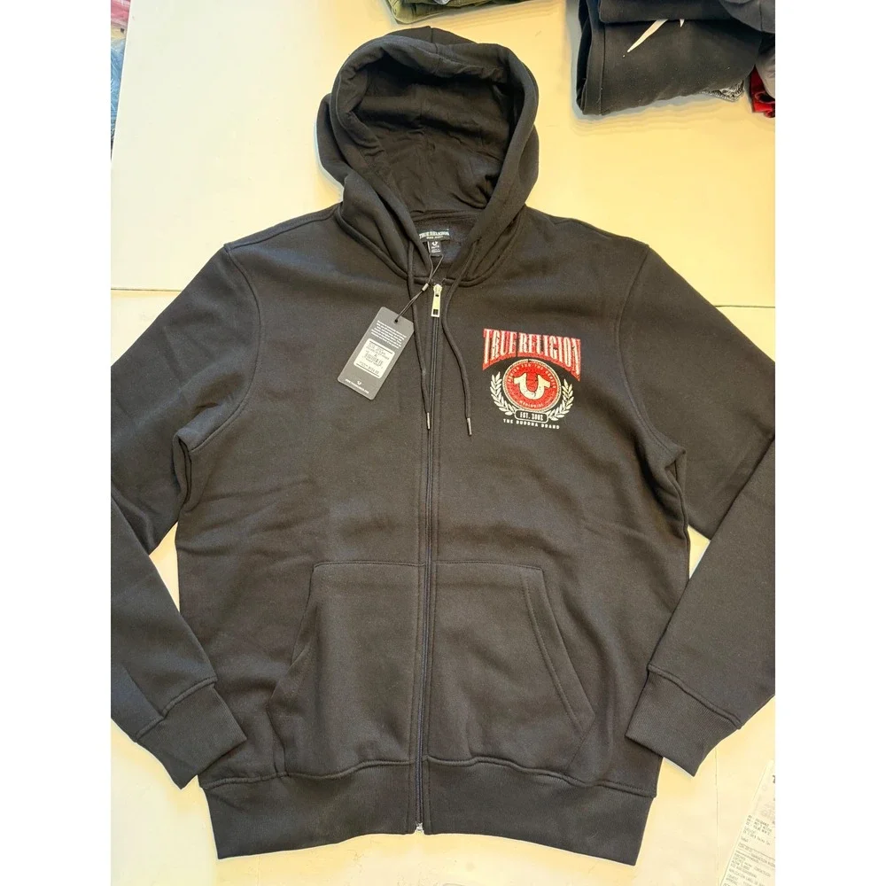 True Religion Mens College HS Zip Hoodie Jet Black Distressed Logo 700926 XL